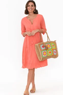 Cotton Dresses<One Summer Milana Coral Crinkle Cotton Dress