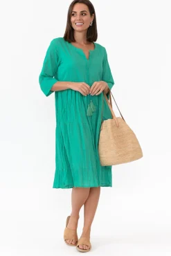 Below Knee Dresses<One Summer Milana Emerald Crinkle Cotton Dress