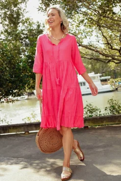 Cotton Dresses<One Summer Milana Hot Pink Crinkle Cotton Dress