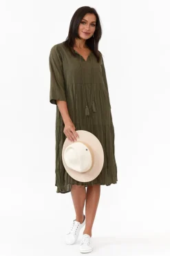 Cotton Dresses<One Summer Milana Khaki Crinkle Cotton Dress