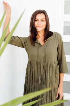 Cotton Dresses<One Summer Milana Khaki Crinkle Cotton Dress