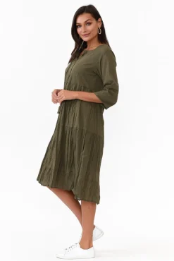 Cotton Dresses<One Summer Milana Khaki Crinkle Cotton Dress