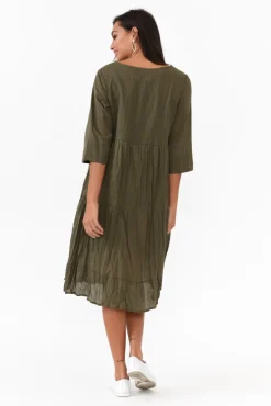 Cotton Dresses<One Summer Milana Khaki Crinkle Cotton Dress
