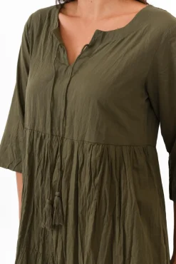 Cotton Dresses<One Summer Milana Khaki Crinkle Cotton Dress