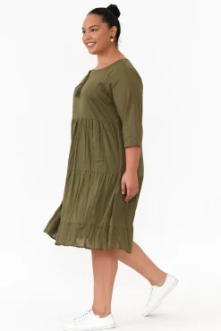 Cotton Dresses<One Summer Milana Khaki Crinkle Cotton Dress