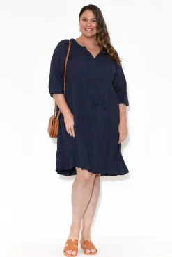 Cotton Dresses<One Summer Milana Navy Crinkle Cotton Dress