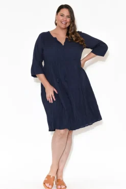 Cotton Dresses<One Summer Milana Navy Crinkle Cotton Dress