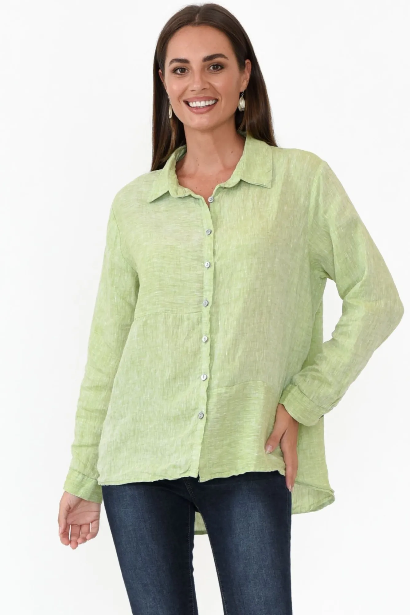 Linen Tops<Worthier Millie Green Linen Shirt