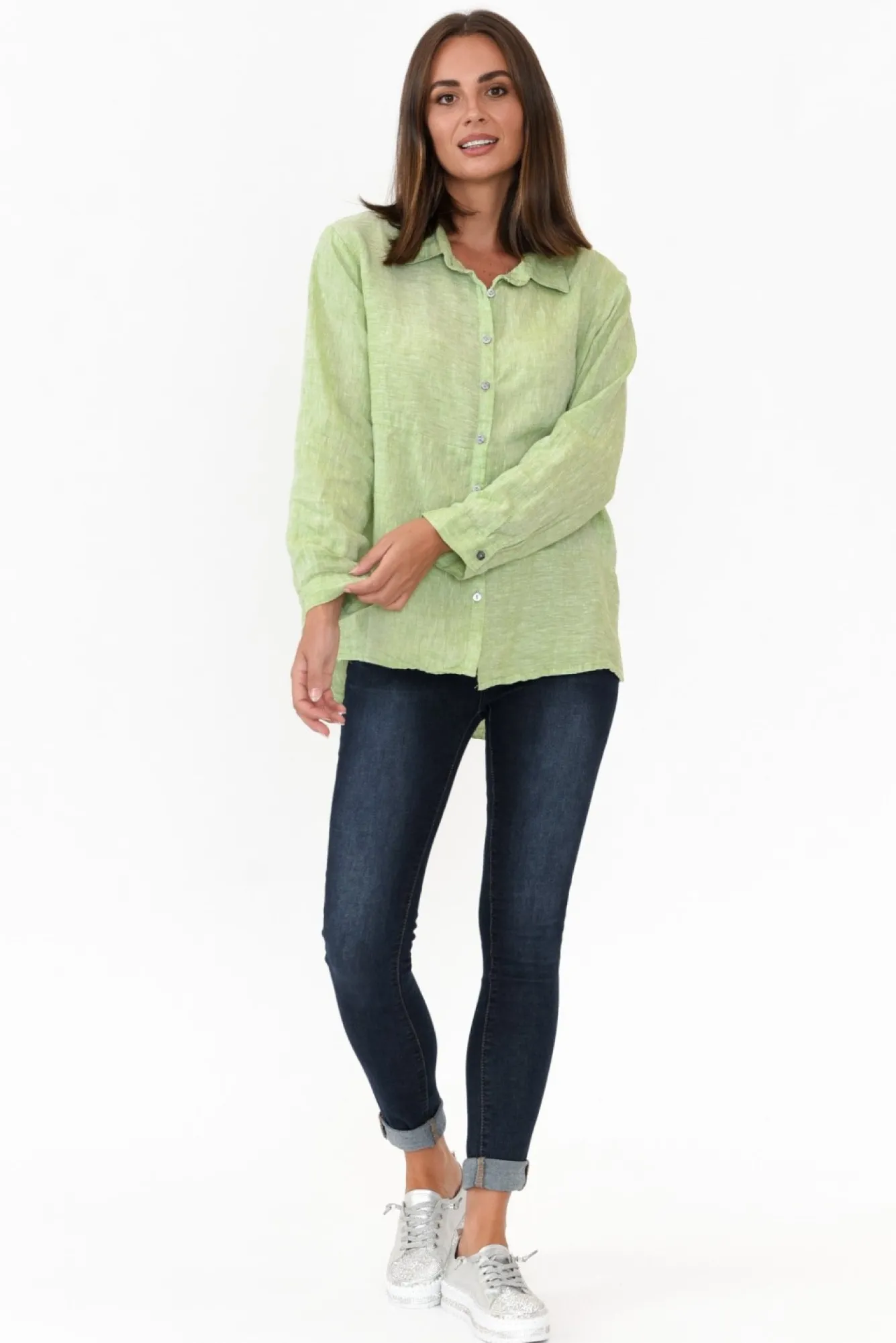 Linen Tops<Worthier Millie Green Linen Shirt