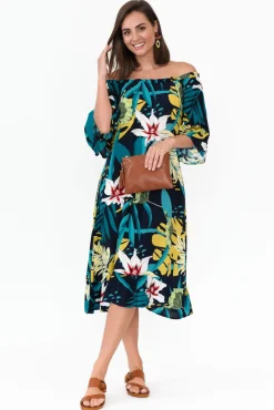 Midi Dresses<Cafe Latte Montauk Navy Tropical Ruffle Sleeve Dress