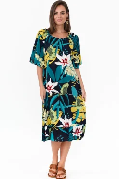 Midi Dresses<Cafe Latte Montauk Navy Tropical Ruffle Sleeve Dress