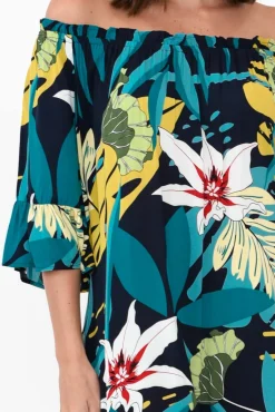 Midi Dresses<Cafe Latte Montauk Navy Tropical Ruffle Sleeve Dress