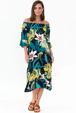 Midi Dresses<Cafe Latte Montauk Navy Tropical Ruffle Sleeve Dress