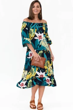Midi Dresses<Cafe Latte Montauk Navy Tropical Ruffle Sleeve Dress
