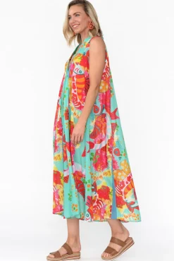 Midi Dresses<Mozaic Mossman Teal Sea Cotton Dress