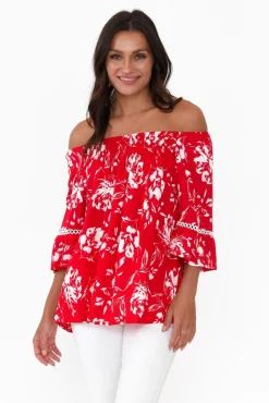 Sleeved Tops<Willow Tree Murdoch Red Floral Ruffle Sleeve Top