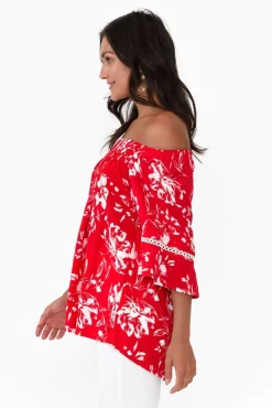 Sleeved Tops<Willow Tree Murdoch Red Floral Ruffle Sleeve Top