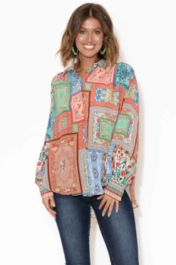 Shirts<Inoa Murphy Red Abstract Puff Sleeve Silk Shirt