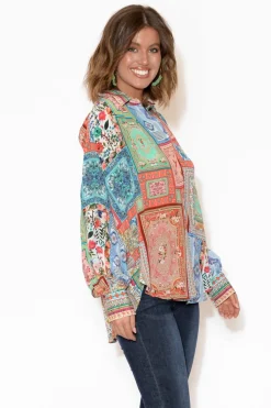 Shirts<Inoa Murphy Red Abstract Puff Sleeve Silk Shirt