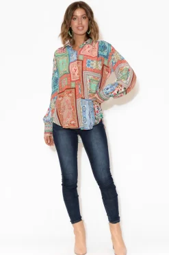 Shirts<Inoa Murphy Red Abstract Puff Sleeve Silk Shirt