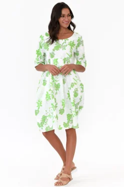 Linen Dresses<Hourglass Myley Green Flower Linen Cotton Dress