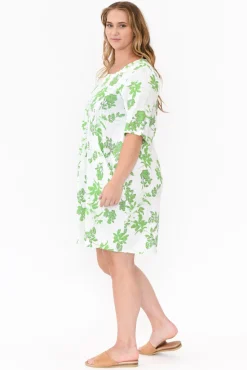 Linen Dresses<Hourglass Myley Green Flower Linen Cotton Dress