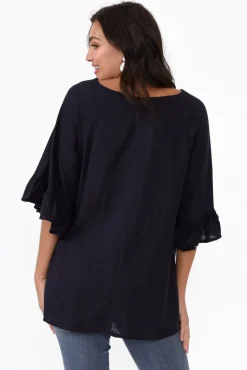 Linen Tops<Hourglass Nala Navy Linen Cotton Frill Top