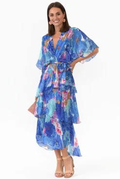 Midi Dresses<La Strada Natalie Cobalt Flower Silk Layer Dress