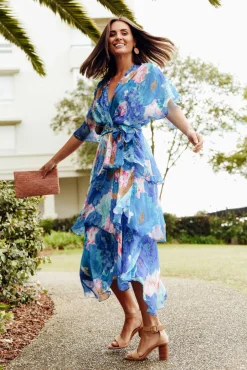 Midi Dresses<La Strada Natalie Cobalt Flower Silk Layer Dress