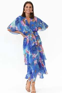 Midi Dresses<La Strada Natalie Cobalt Flower Silk Layer Dress
