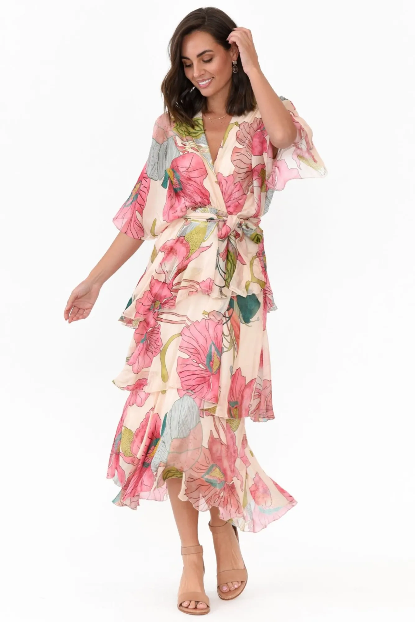 Midi Dresses<La Strada Natalie Pink Flower Silk Layer Dress
