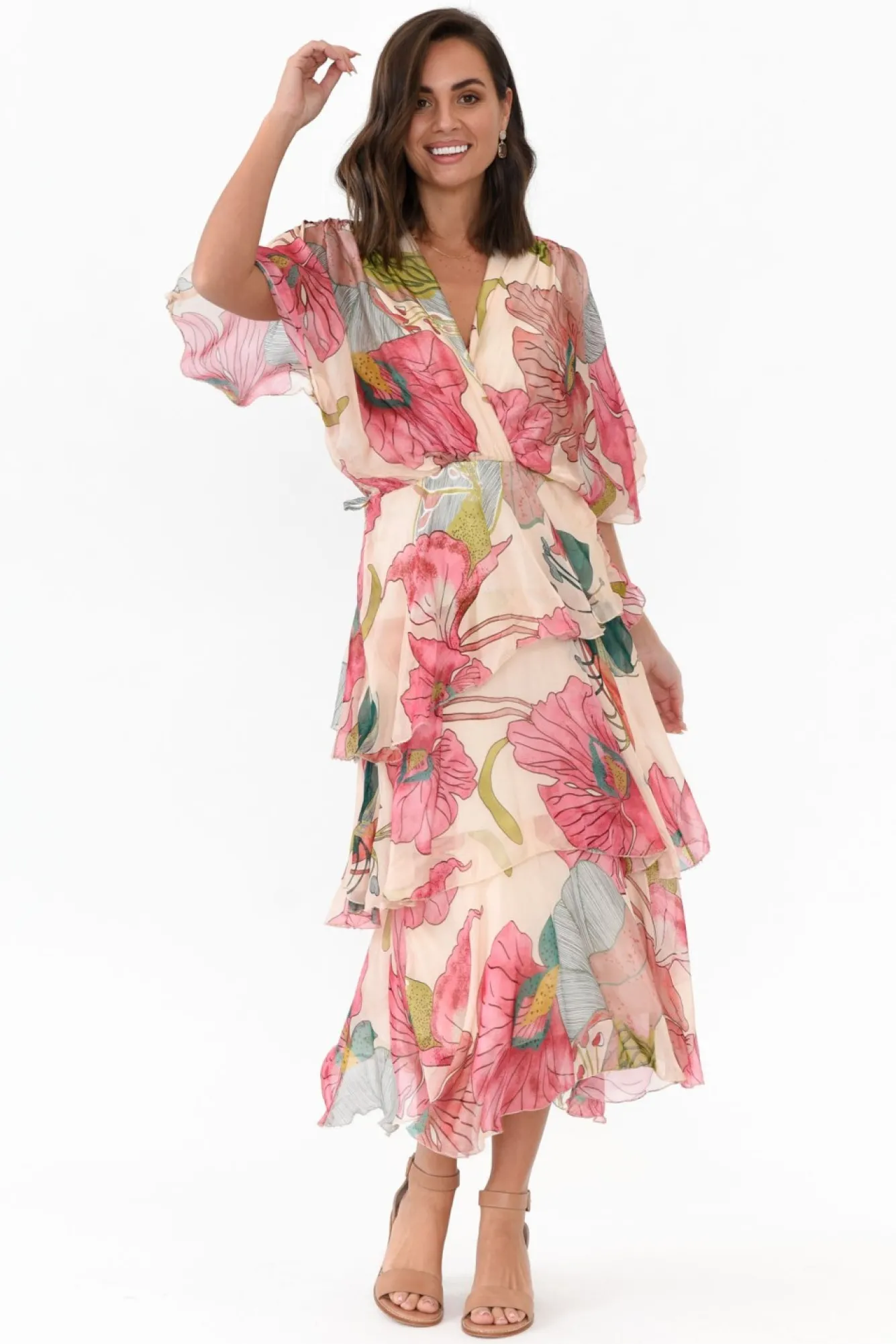 Midi Dresses<La Strada Natalie Pink Flower Silk Layer Dress