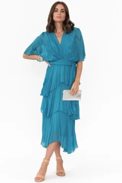 Midi Dresses<La Strada Natalie Teal Silk Layer Dress