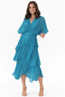 Midi Dresses<La Strada Natalie Teal Silk Layer Dress