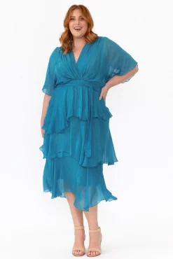 Midi Dresses<La Strada Natalie Teal Silk Layer Dress