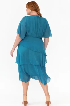 Midi Dresses<La Strada Natalie Teal Silk Layer Dress