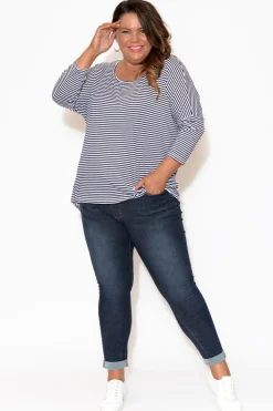 Sleeved Tops<Betty Basics Navy And White Stripe Milan 3/4 Sleeve Top