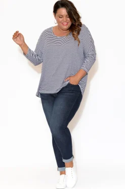 Sleeved Tops<Betty Basics Navy And White Stripe Milan 3/4 Sleeve Top