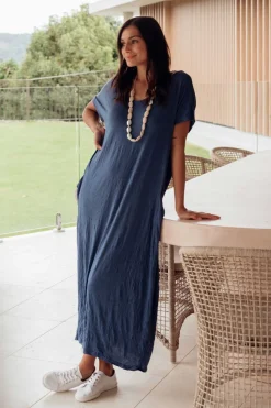 Cotton Dresses<Cotton Village Navy Pocket Crinkle Cotton Draped Dress