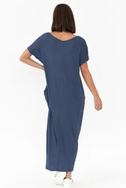 Cotton Dresses<Cotton Village Navy Pocket Crinkle Cotton Draped Dress