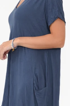 Cotton Dresses<Cotton Village Navy Pocket Crinkle Cotton Draped Dress