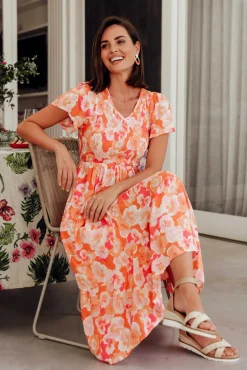 Maxi Dresses<New U Collection Naya Peach Blossom Shirred V Neck Dress