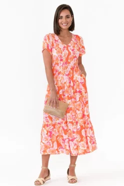Maxi Dresses<New U Collection Naya Peach Blossom Shirred V Neck Dress