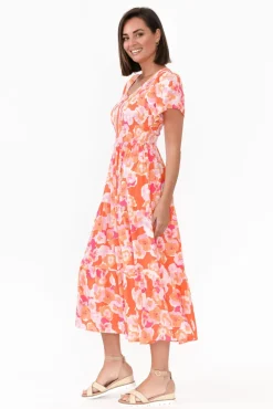 Maxi Dresses<New U Collection Naya Peach Blossom Shirred V Neck Dress