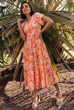 Maxi Dresses<New U Collection Naya Peach Blossom Shirred V Neck Dress