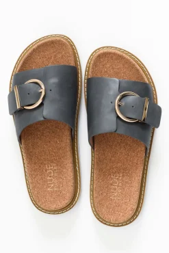 Slides<Nude Shoes Nellie Charcoal Leather Buckle Slide