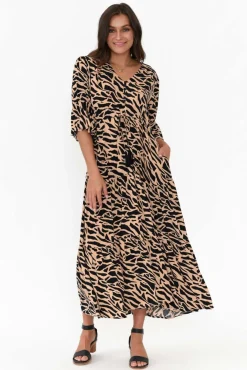 Midi Dresses<Willow Tree Nelly Brown Abstract Button Tier Dress