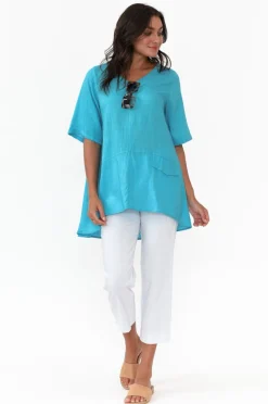 Linen Tops<Ruby Rain Neptune Aqua Linen Cotton Top