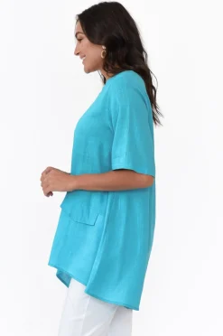 Linen Tops<Ruby Rain Neptune Aqua Linen Cotton Top