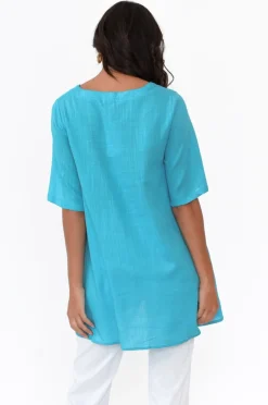 Linen Tops<Ruby Rain Neptune Aqua Linen Cotton Top